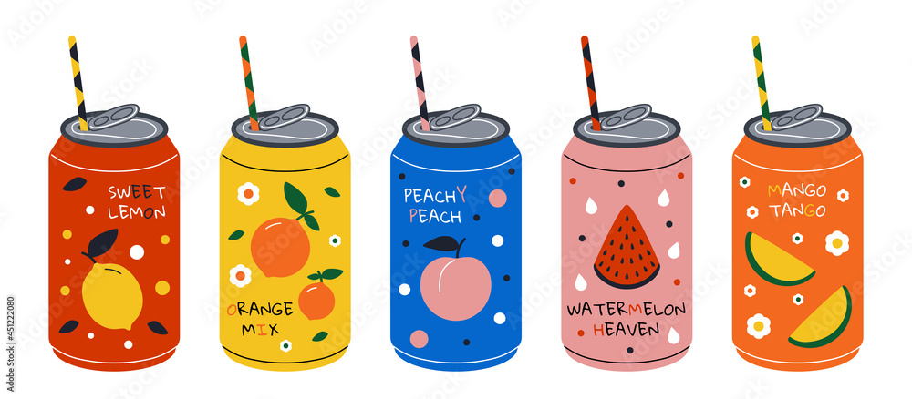 © Natalia - Soda drink. Cartoon energy cocktail and sweet fizzy juiced drink, summer cool water with juice and sweeteners. Vector soda metal can set © Natalia - Soda drink. Cartoon energy cocktail and sweet fizzy juiced drink, summer cool water with juice and sweeteners. Vector soda metal can set