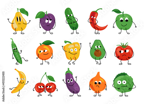 Fruit and vegetable characters. Cute organic food mascot characters with face emotions hands and legs. Vector set