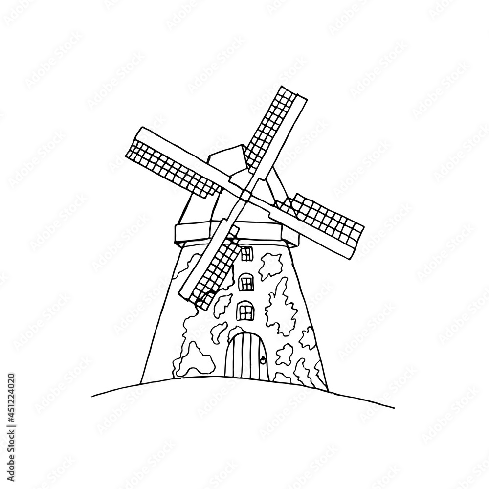The windmill icon. Simple contour illustration of a windmill on a white background.