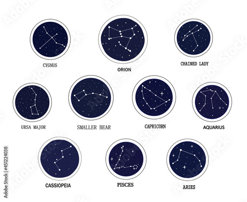 A set of constellations in round frames: Cygnus, Orion, Cassiopeia, Ursa Major and minor, Capricorn, Aquarius, Pisces, Aries, the chained lady. Vector astrological symbols.