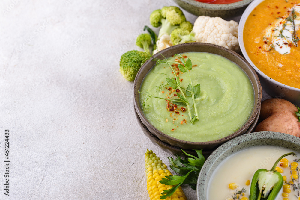 Assortment of vegetable autumn cream soups. Assortment of vegetable autumn cream soups.