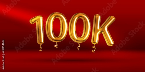 Vector realistic isolated golden balloon text of 100k on the red background.
