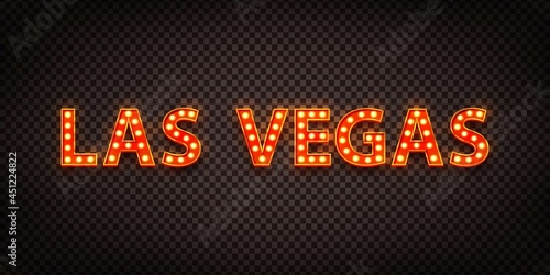 Vector realistic isolated retro marquee billboard with electric light lamps of Las Vegas logo for invitation on the transparent background.