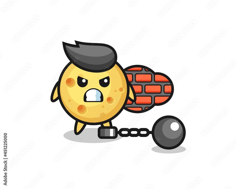 Character mascot of round cheese as a prisoner