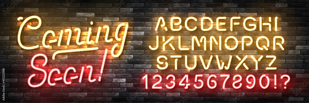 Vector realistic isolated neon sign of Coming Soon logo with easy to change color alphabet font for template decoration and layout covering on the wall background. Vector realistic isolated neon sign of Coming Soon logo with easy to change color alphabet font for template decoration and layout covering on the wall background.