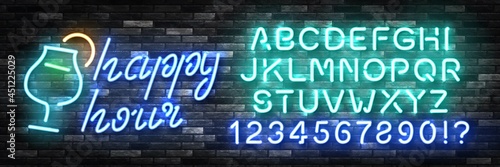 Vector realistic isolated neon sign of Happy Hour logo with easy to change color alphabet font on the wall background.