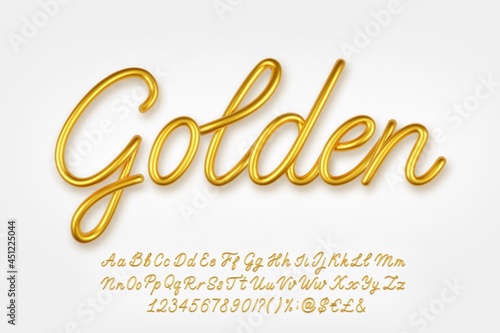 Gold 3d realistic capital and lowercase letters, numbers, symbols and currency signs isolated on a light background. photo