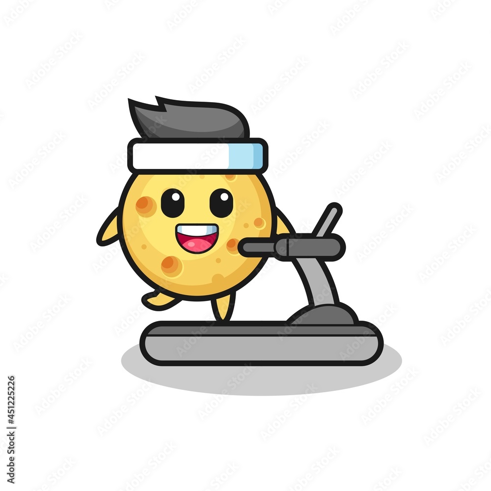 round cheese cartoon character walking on the treadmill