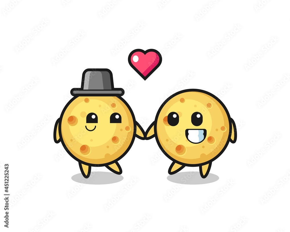 round cheese cartoon character couple with fall in love gesture