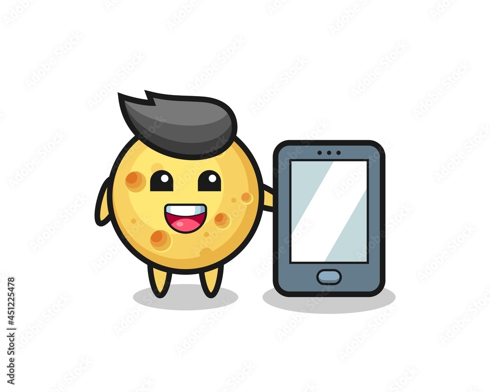round cheese illustration cartoon holding a smartphone