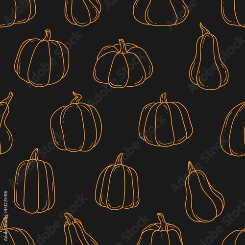 Orange outline pumpkins cartoon doodle in black background seamless pattern. Contour cute vector illustration.