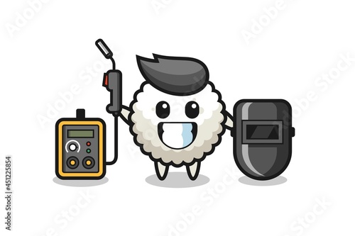 Character mascot of rice ball as a welder