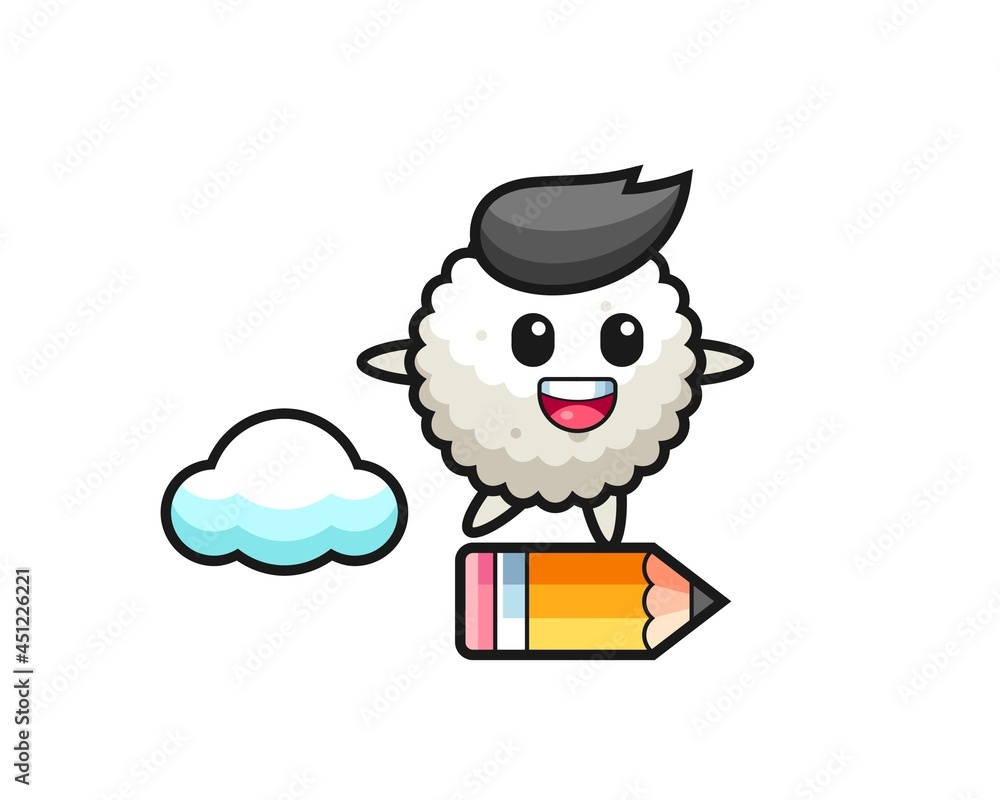 rice ball mascot illustration riding on a giant pencil rice ball mascot illustration riding on a giant pencil