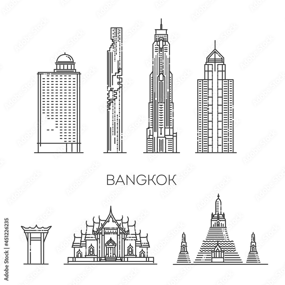 Thailand, Bangkok, line travel skyline set. - obrazy, fototapety, plakaty 
