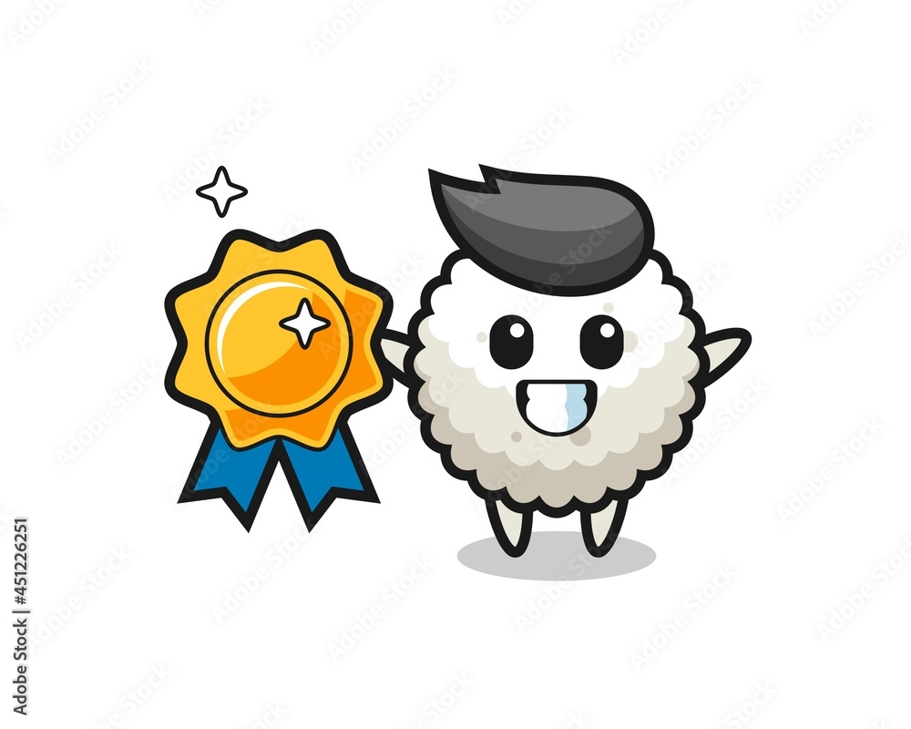 Fototapeta premium rice ball mascot illustration holding a golden badge