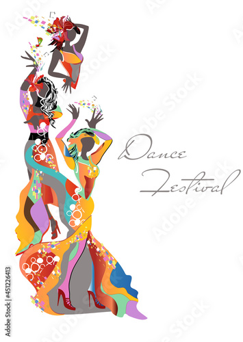 Abstract colorful women  moving in dance decorated with waves, notes. Hand drawn vector illustration. 
