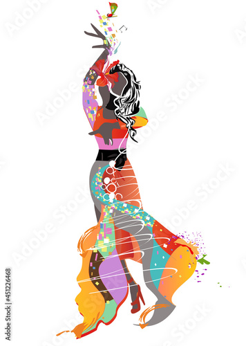 Abstract colorful women  moving in dance decorated with waves, notes. Hand drawn vector illustration. 
