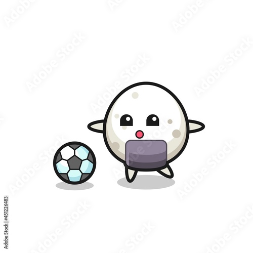 Illustration of onigiri cartoon is playing soccer