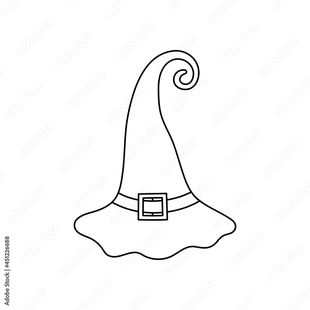 Witch hat vector illustration in doodle style. Hand drawn wizard cap for holiday Halloween. Black icon isolated on white background. Scary silhouette magician hat. Accessory for party on Halloween