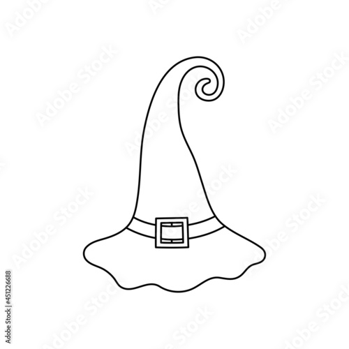 Witch hat vector illustration in doodle style. Hand drawn wizard cap for holiday Halloween. Black icon isolated on white background. Scary silhouette magician hat. Accessory for party on Halloween