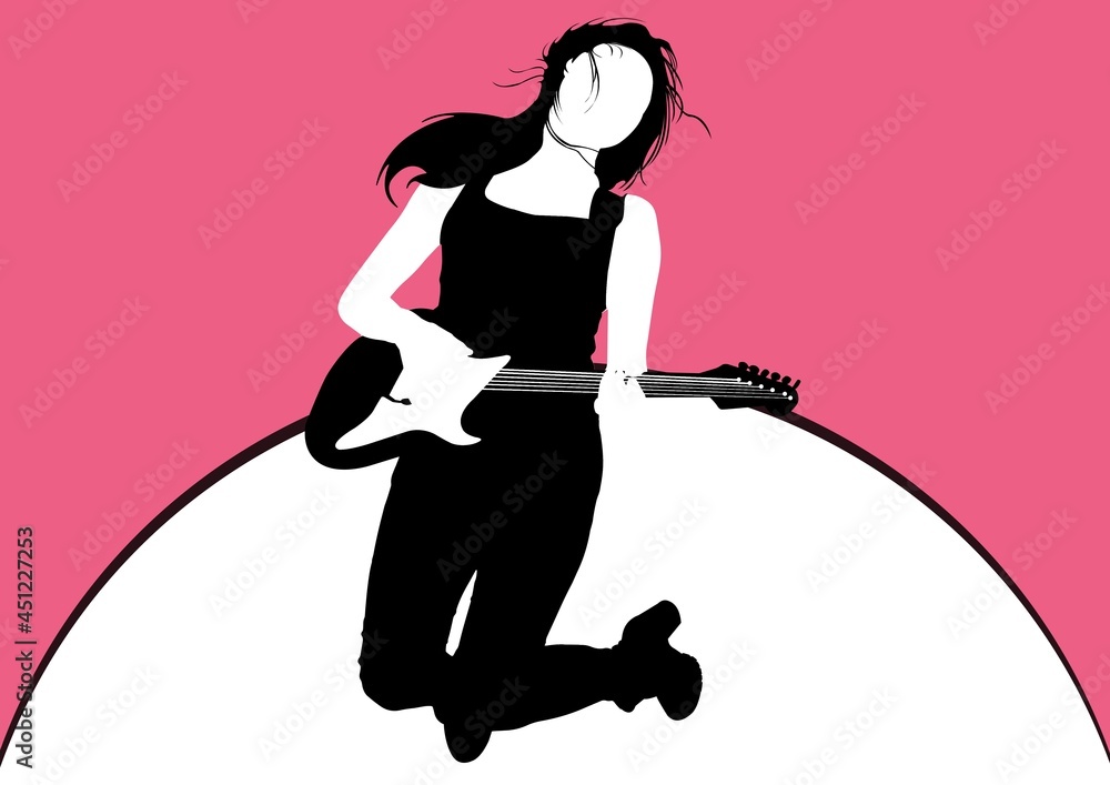 Composition of woman playing guitar icons on pink background Composition of woman playing guitar icons on pink background