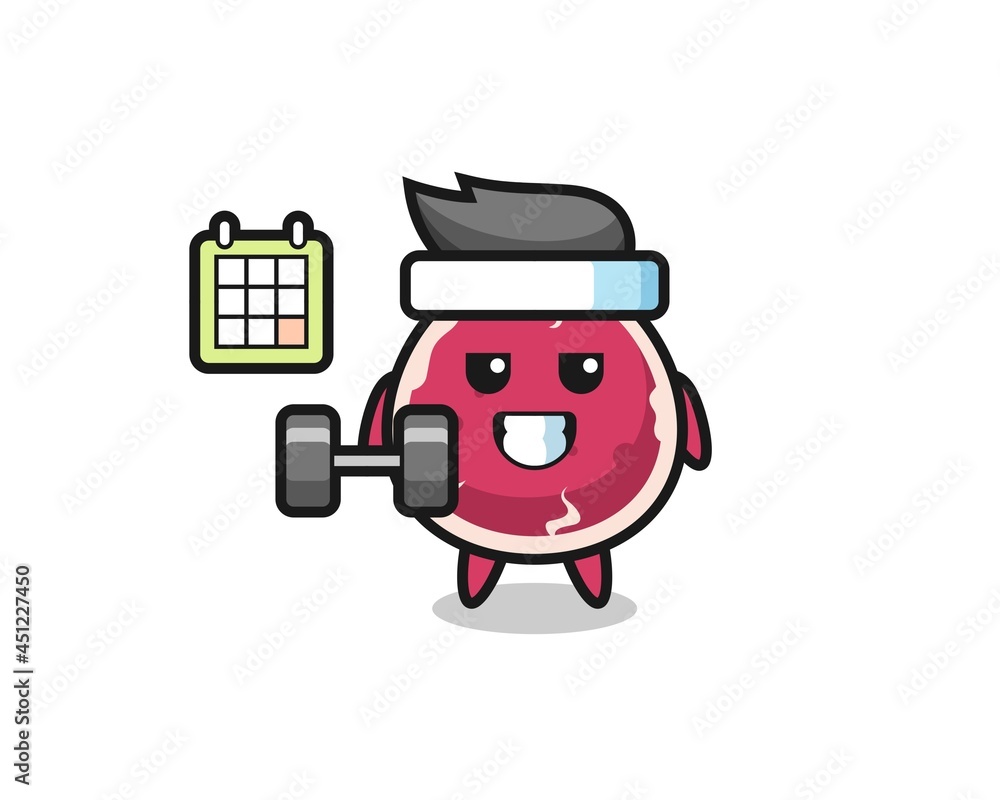 beef mascot cartoon doing fitness with dumbbell