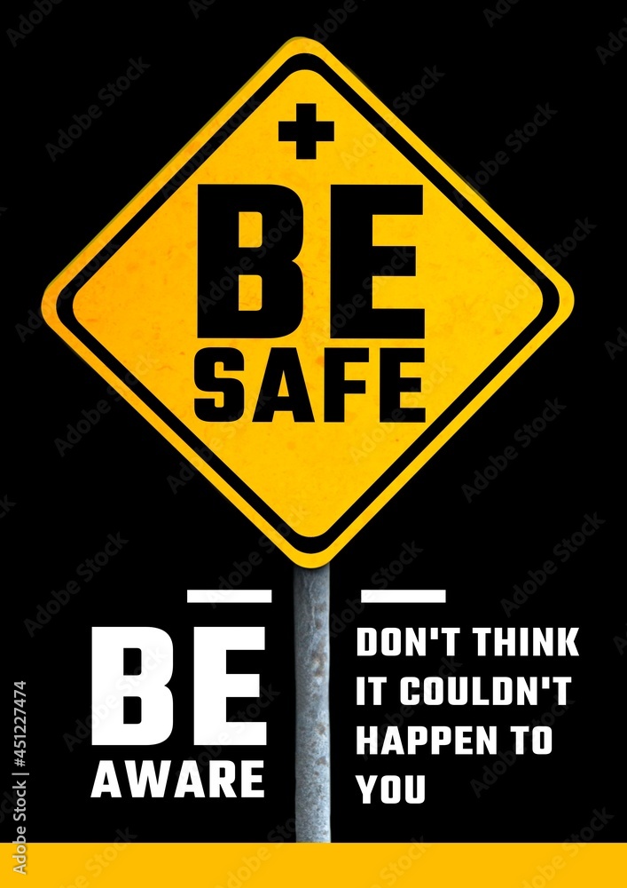 Composition of accident awareness text over warning sign on black background Composition of accident awareness text over warning sign on black background