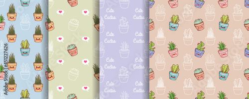 set of cute cactus cartoon character seamless pattern