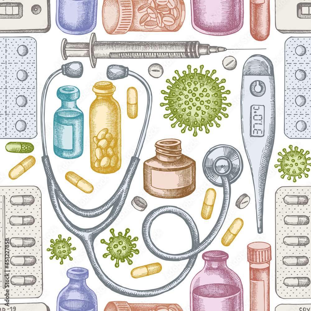 Seamless pattern with hand drawn pastel vial of blood, pills and medicines, medical thermometer, coronavirus rapid test, coronavirus bacteria cell, stethoscope, syringe, vaccine