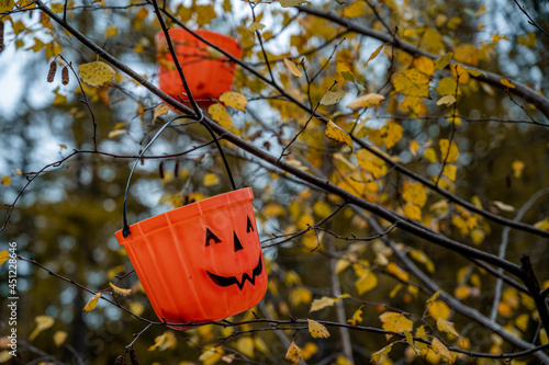 Jack o lantern. Halloween orange decoration on tree with yellow leaves in autumn. photo