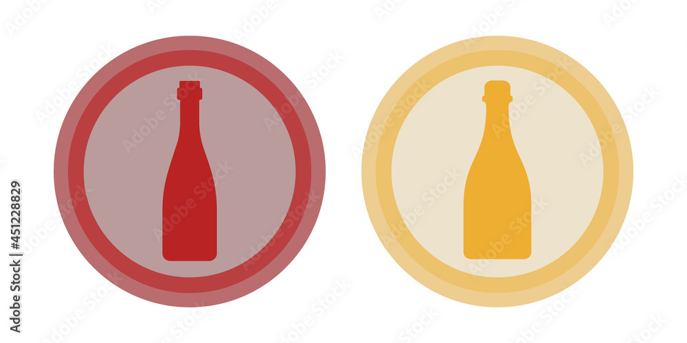 Bottle of champagne, red wine. Background is circle. Isolated color object design beverage. Graphic illustration in flat style. Simple icon for restaurant, pub, party Bottle of champagne, red wine. Background is circle. Isolated color object design beverage. Graphic illustration in flat style. Simple icon for restaurant, pub, party