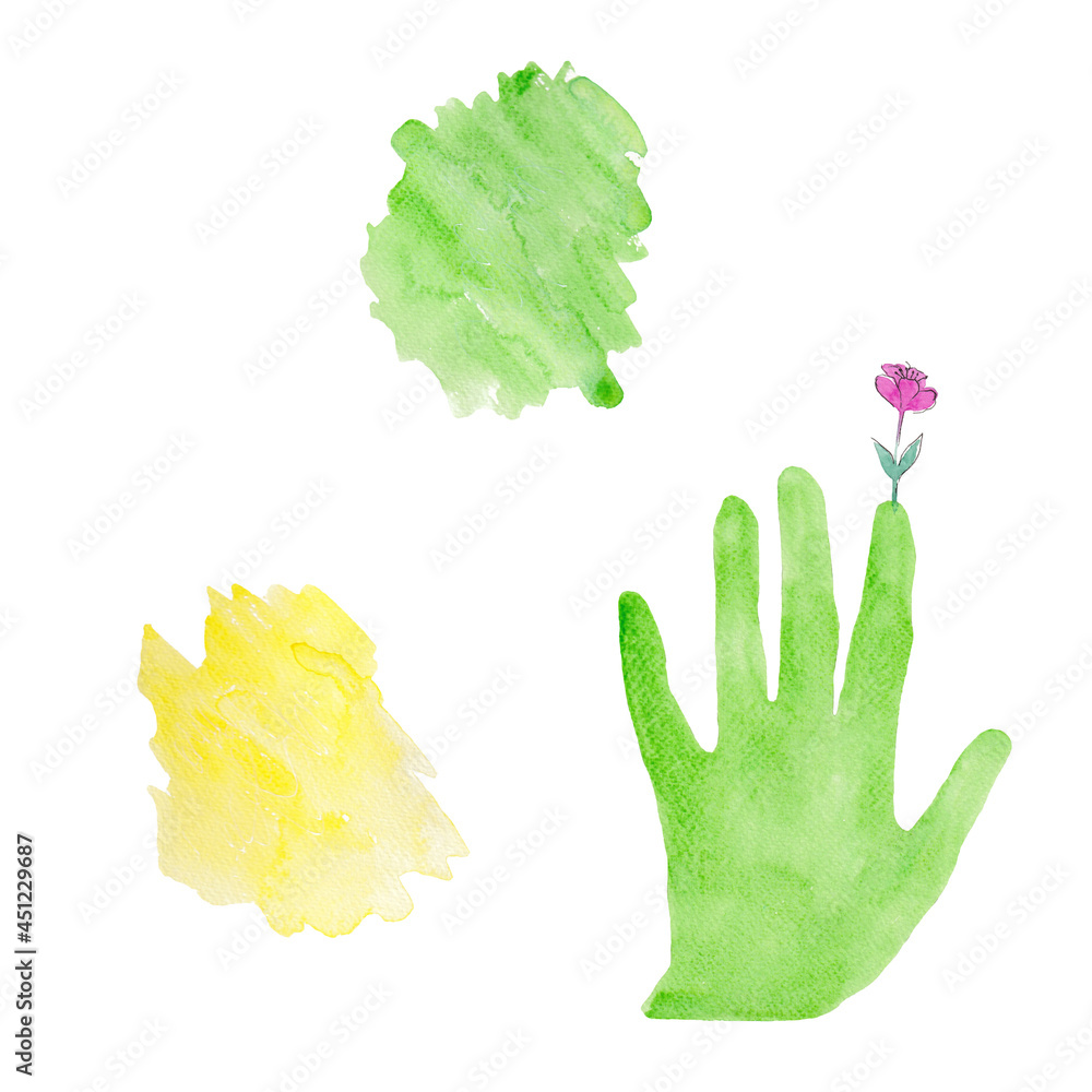 Hand drawing green hand with flower and abstract spot Hand drawing green hand with flower and abstract spot