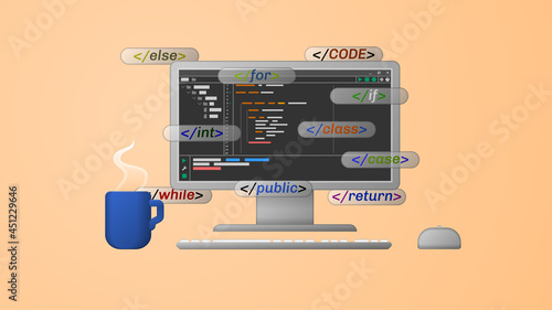 Programming concept. Computer with an open source program for writing code. Various programming languages. Web vector illustration.