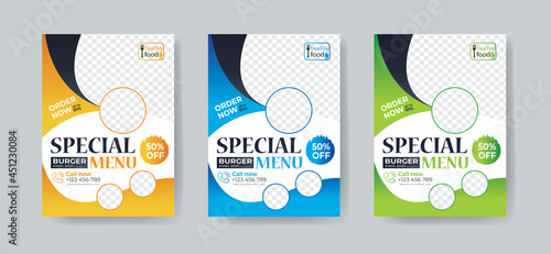  Fast Food Flyer Design Template cooking, cafe and restaurant menu, food ordering, junk food. Pizza, Burger, French fries and Soda. Vector illustration for banner, poster, flyer, cover design template