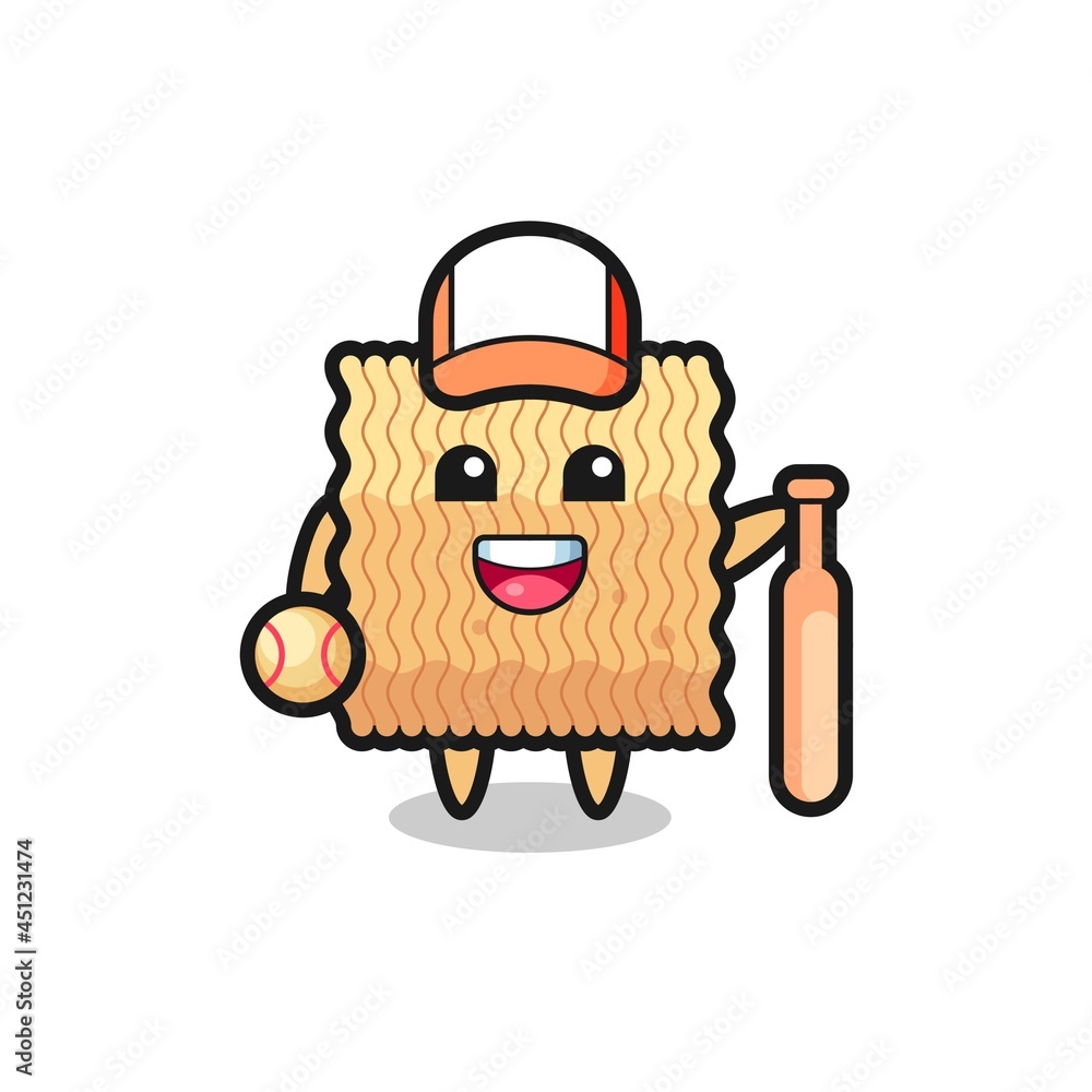 Cartoon character of raw instant noodle as a baseball player