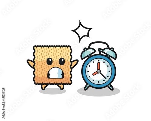 Cartoon Illustration of raw instant noodle is surprised with a giant alarm clock