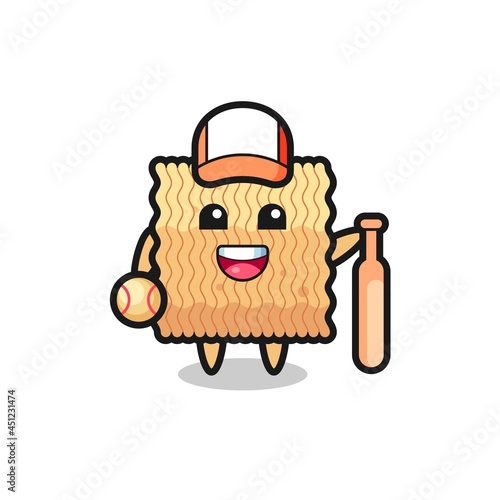 Cartoon character of raw instant noodle as a baseball player