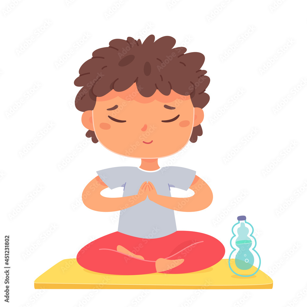 Black skin baby boy relaxing with closed eyes sitting in lotus position hands namaste vector Black skin baby boy relaxing with closed eyes sitting in lotus position hands namaste vector