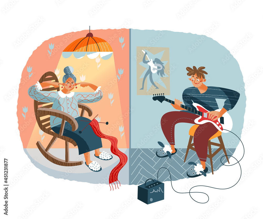 Vecteur Stock Loud noisy neighbour distracting old woman. Problems in neighbouring apartments at