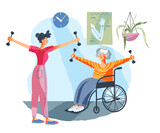 Senior woman in wheelchair doing exercises in medical rehabilitation and physical therapy centre. Lady in recovery in sport vector illustration. Young girl therapist helping in rehab