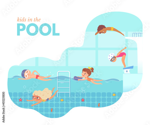 Kids in swimming pool. Children jumping into water vector illustration. Swimmers exercising in class. Little happy boys and girls underwater, diving, freestyle swimming in swimwear