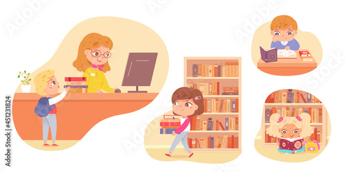 Children reading books and studying in library set. Happy little girls and boys learning activity vector illustration. Education and leisure, librarian at desk helping child