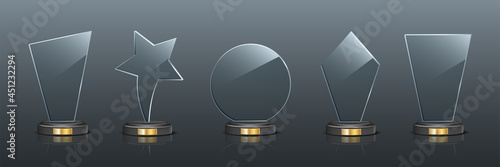Award trophy set. Star and rectangle shaped glass prize statues on gray background. Champion glory in competition vector illustration. Hollywood fame in film or championship in sport