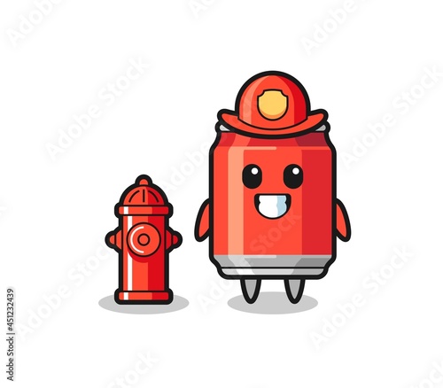 Mascot character of drink can as a firefighter