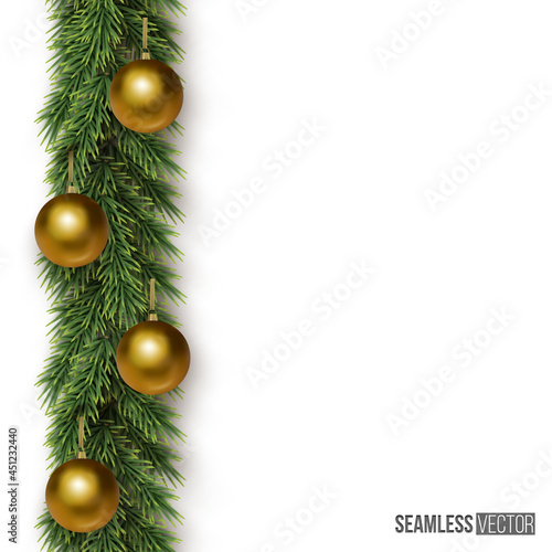 Christmas and New Year background. Vector fir branch with golden Christmas balls on white background vertical seamless pattern.