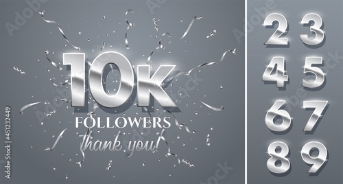 10000 followers celebration vector banner with text and numbers set. Social media achievement poster. 10k followers thank you lettering. Silver sparkling confetti ribbons
