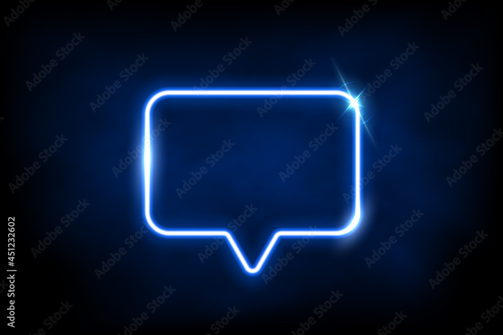 Glowing blue neon speech bubble sign. Electric light rectangle frame isolated on dark background with fog. Vector design element. Glowing blue neon speech bubble sign. Electric light rectangle frame isolated on dark background with fog. Vector design element.