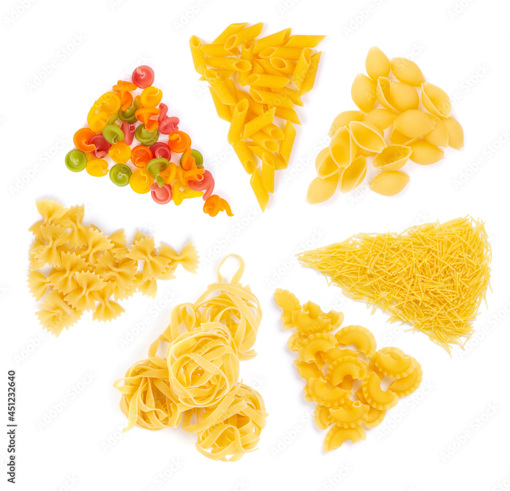 Raw pasta collection isolated on white background. Raw pasta assortment Raw pasta collection isolated on white background. Raw pasta assortment
