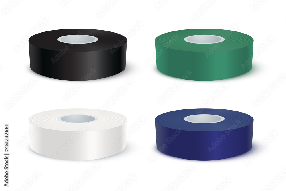 Black, green, blue, white adhesive tape rolls set. Sticky duct paper rolled up vector illustration. Realistic plastic packaging colourful tool collection on white background Black, green, blue, white adhesive tape rolls set. Sticky duct paper rolled up vector illustration. Realistic plastic packaging colourful tool collection on white background