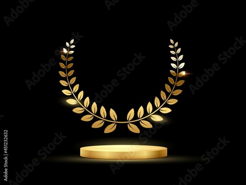 Golden podium for first place with laurel wreath. Gold rank on stage on black background. Championship in sport or movie victory in competition vector illustration